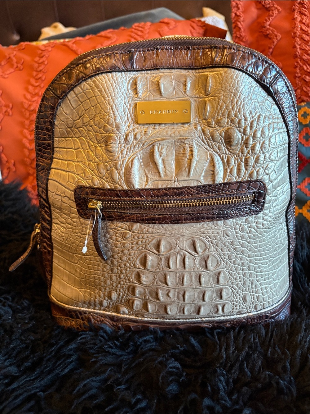 Brahmin Cream Croc-Embossed Mini Backpack with Brown Trim